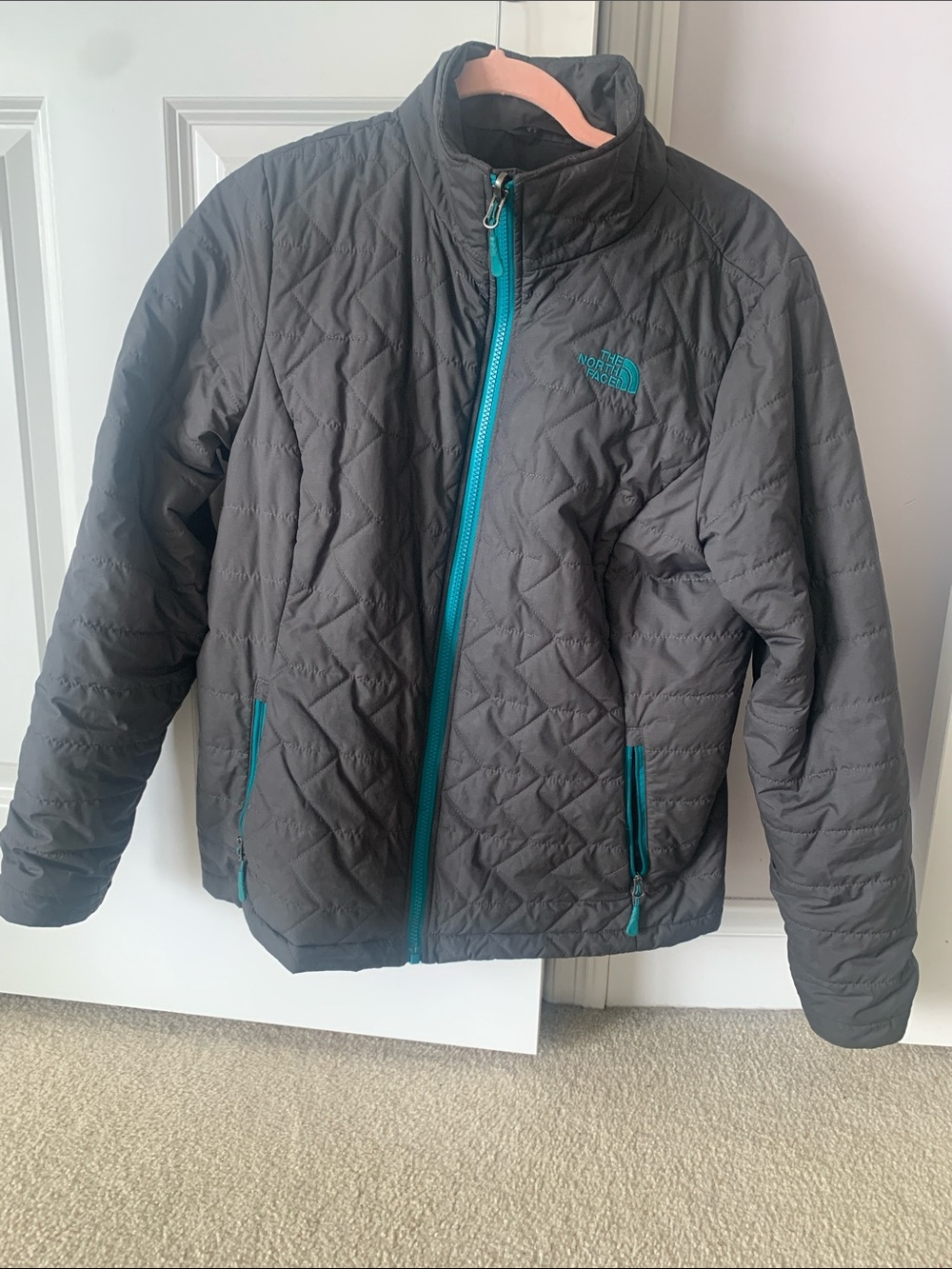 The North Face Quilted Jacket in Charcoal with Teal Zipper